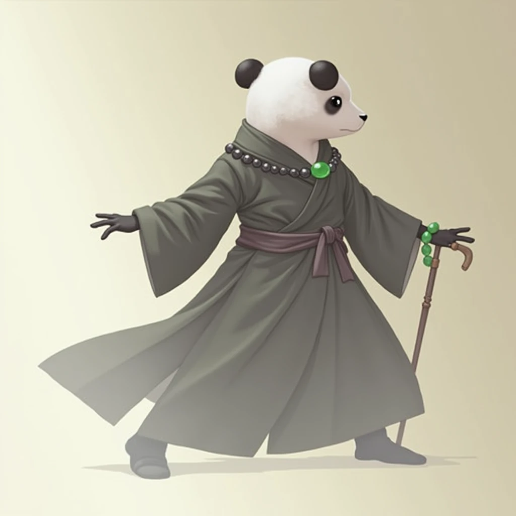 (masterpiece, top quality, best quality, official art,beautiful and aesthetic:1.2),(4k,8k, best quality,masterpiece:1.2),(((white background))), solo,Game character, the panda person, a game character inspired by pandas, wearing a black and white robe, adorned with a jade bead necklace and bracelet, viewed from multiple angles including back view and side view, holding a cane. The structure is clear and accurate, with a modern realistic representation and consistent lighting that looks natural and believable.