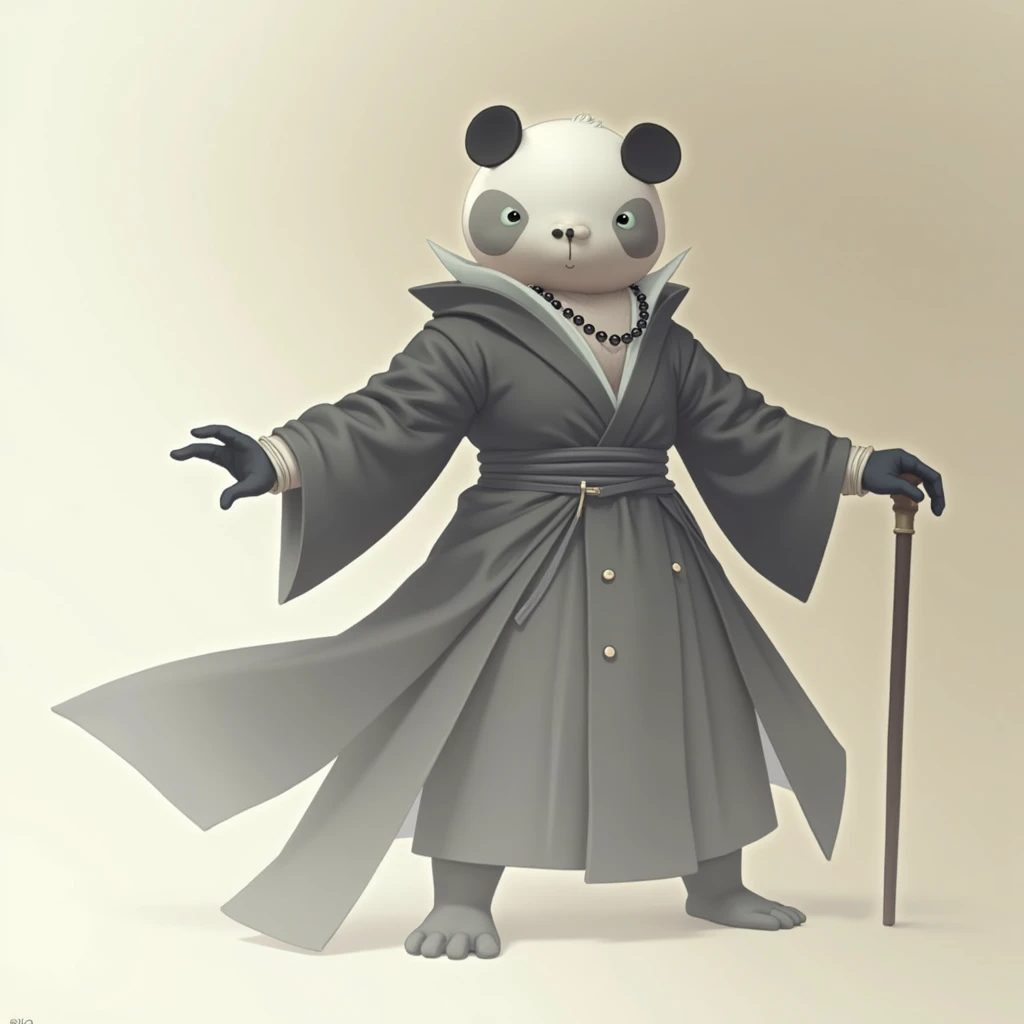 (masterpiece, top quality, best quality, official art,beautiful and aesthetic:1.2),(4k,8k, best quality,masterpiece:1.2),(((white background))), solo,Game character, the panda person, a game character inspired by pandas, wearing a black and white robe, adorned with a jade bead necklace and bracelet, viewed from multiple angles including back view and side view, holding a cane. The structure is clear and accurate, with a modern realistic representation and consistent lighting that looks natural and believable.