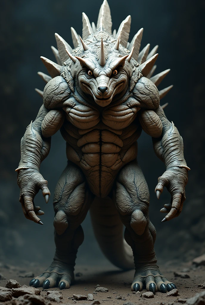 Create a fearsome, fully muscles fusion of hedgehog and dianasour with hyper-realistic, rugged skin and scales, against a dark, intense background for a truly shocking effect."