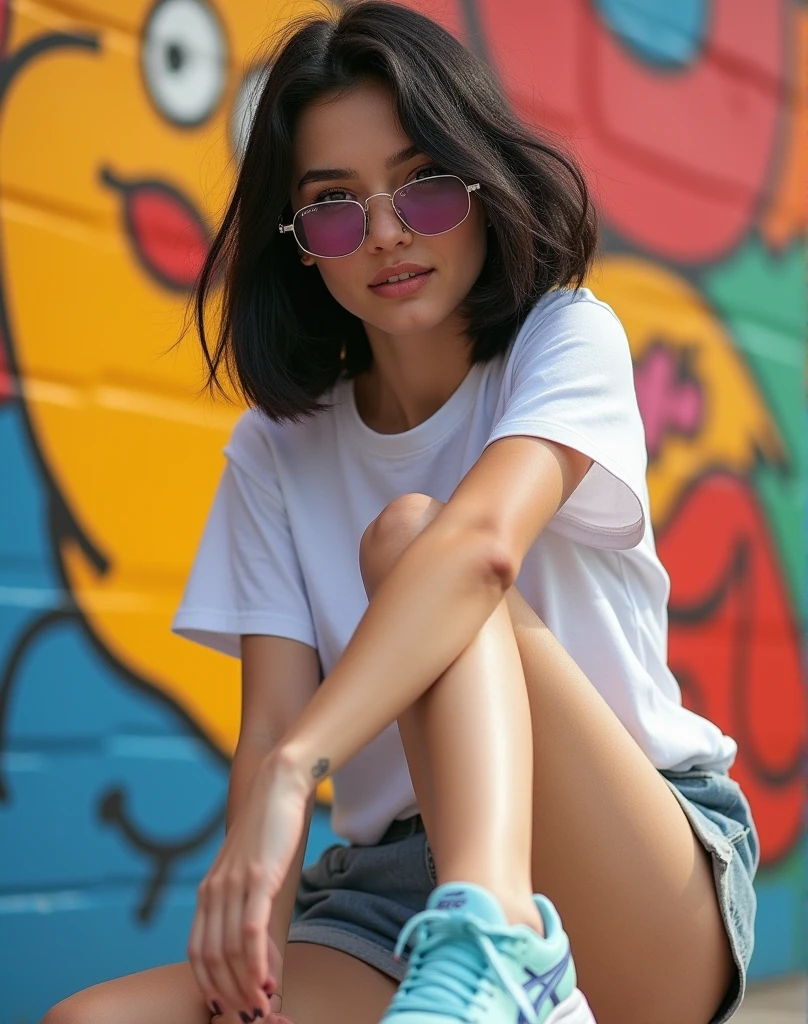 RAW photo, best quality, masterpiece, ((photorealistic)), Polish girl, 20 years old, black hair, Light grey eyes, short bob cut, hair in 7 thirds, hair over one ear, Symmetrical eyes, Detailed Skin, Detailed face, Detailed hands, Big Breasts, rip gloss, Light blue ASICS sneakers, photographed in front of a colorful and stylish exterior wall, smiling, full body, sunny, outdoors, detailed background, model-like pose, summer, sunlight, shadow, stylish outfit,
