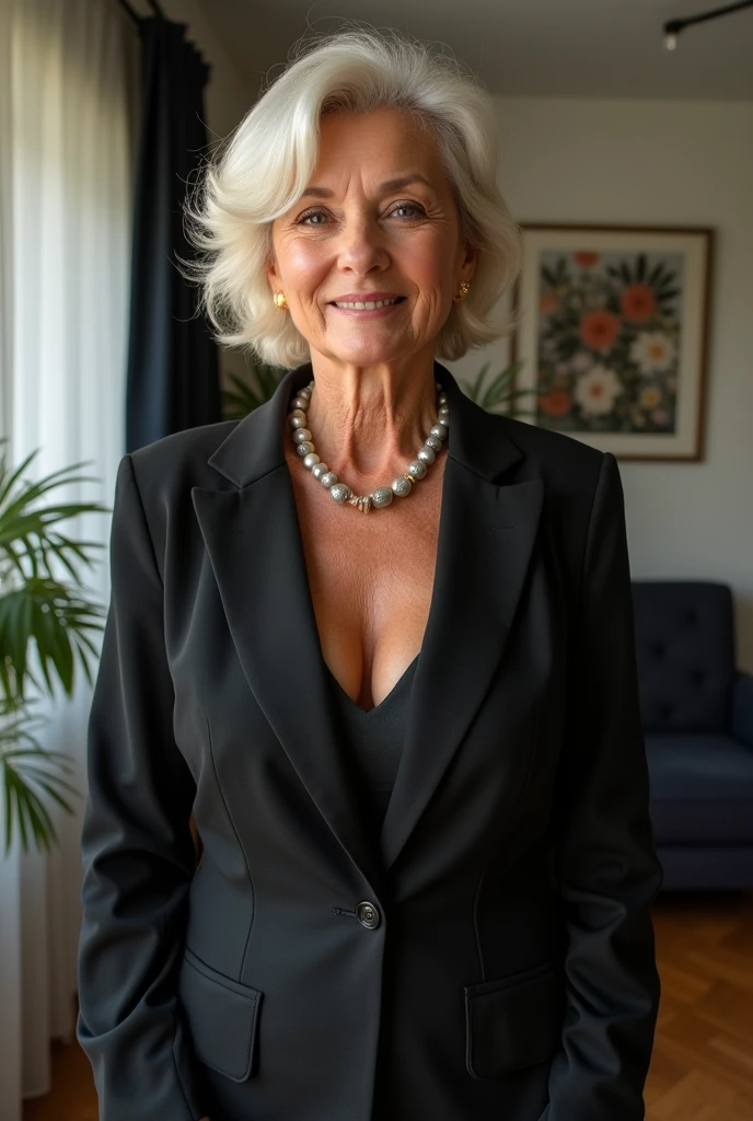 milf 70 years old with (((Big silicon tits))), (((mega giant tits))), Big tits (((fake giant tits)))), dressed in Office outfit, in the house
