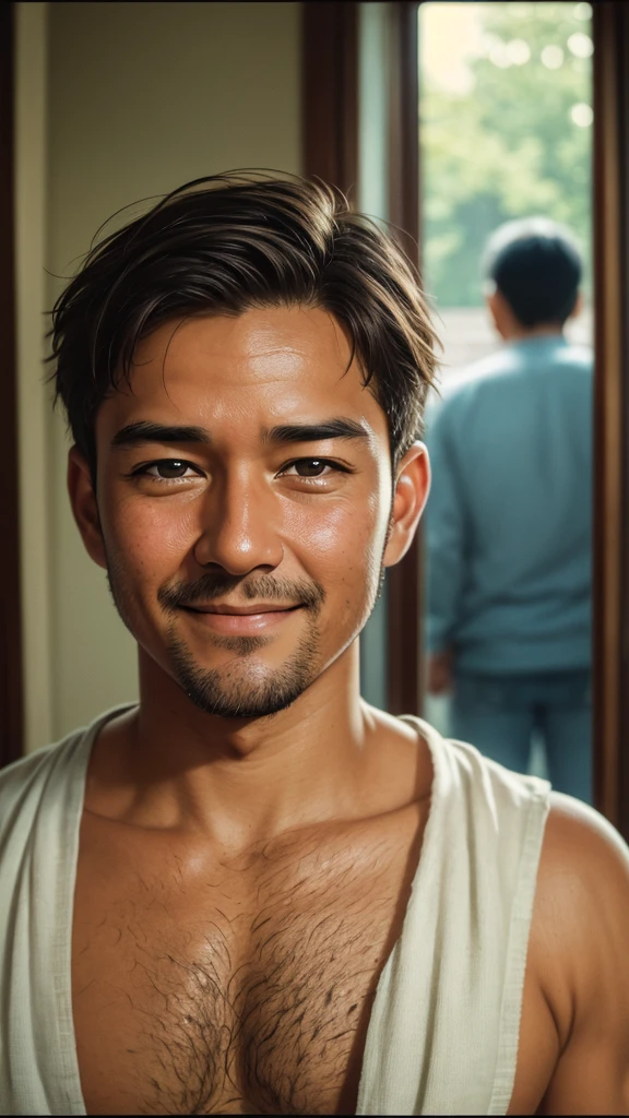Best Quality, Best Work, Ultra High Resolution, (Film Grain: 1.4), Digital Photography, Film Exposure, (Fuji Color: 1.2) Portrait,, 1 man, alone, facing forward, smiling, (close-up face), clear pores, looking at the camera, background inside the house (realistic: 1.2)
