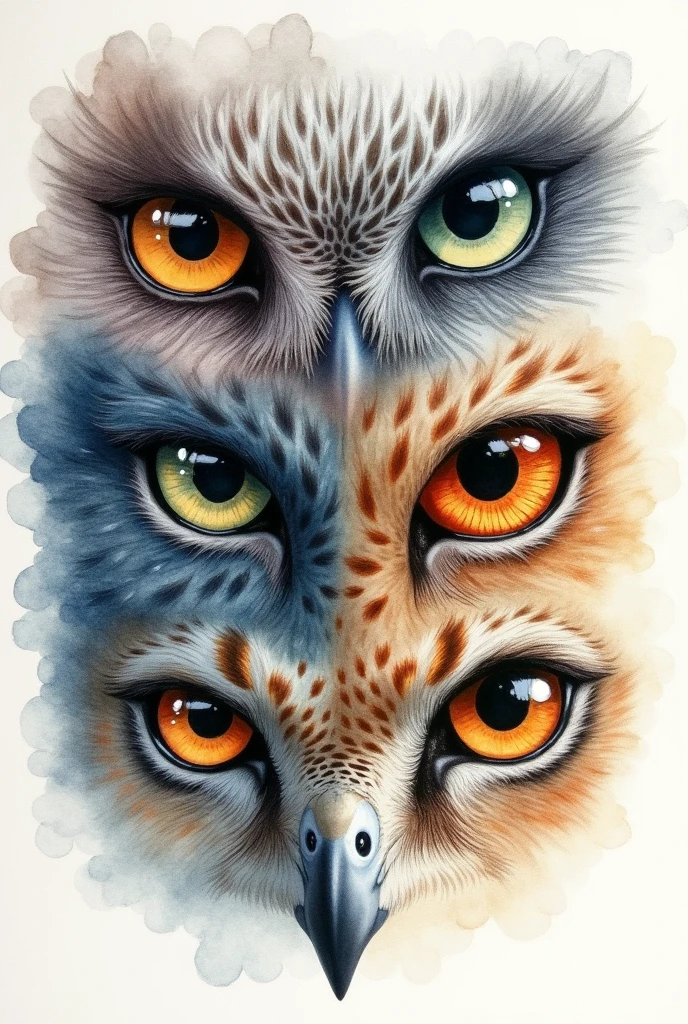 Beginner watercolor drawing where you can only see the eyes of an eagle, An owl , A jaguar and a pre-Hispanic man