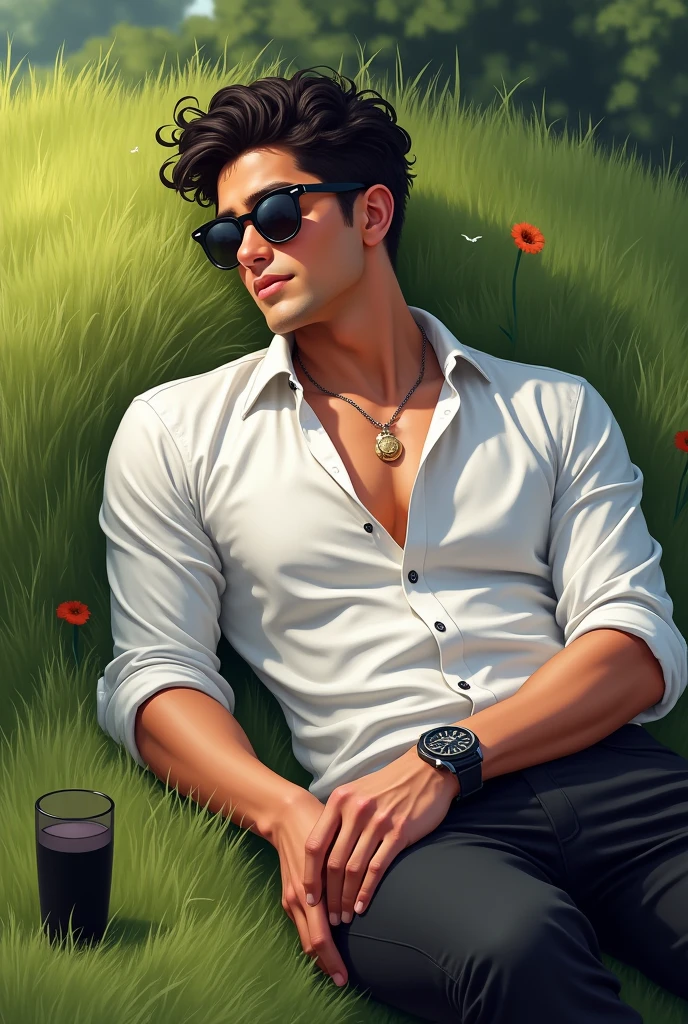 A young man with dark short curly hair he is wearing a white shirt and a black pant with a watch and sunglass.first two button of his shirt is opened and he is wearing a sunglasses also. He is laying against a grewal with a black glass.. His face is full with confidence.
