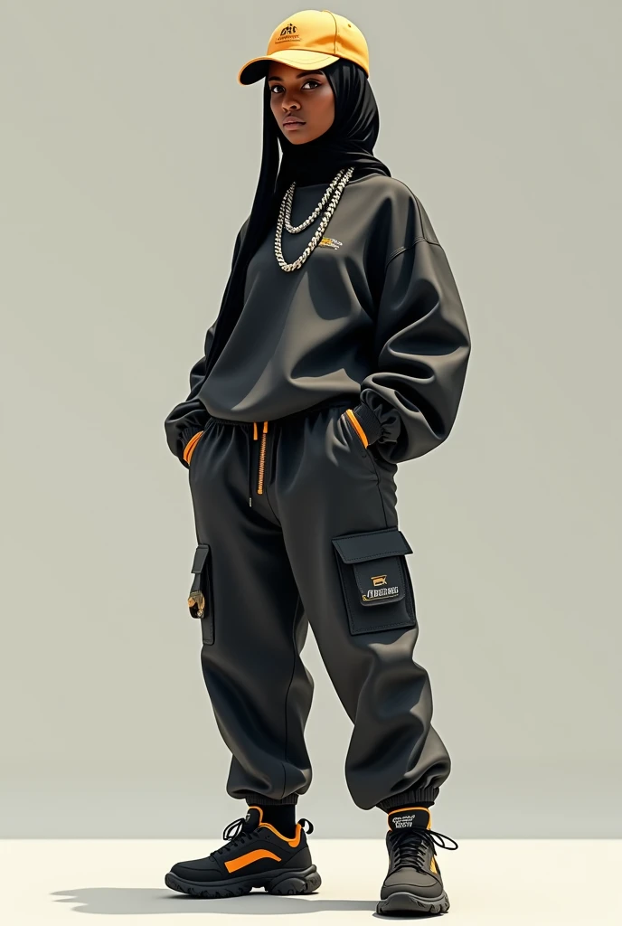 Black muslim girl wearing baggy cargo, tracky sweater, balenciaga shoes, ice chain, short juba, engineer cap and wearing engineer costume and holding engineer materials