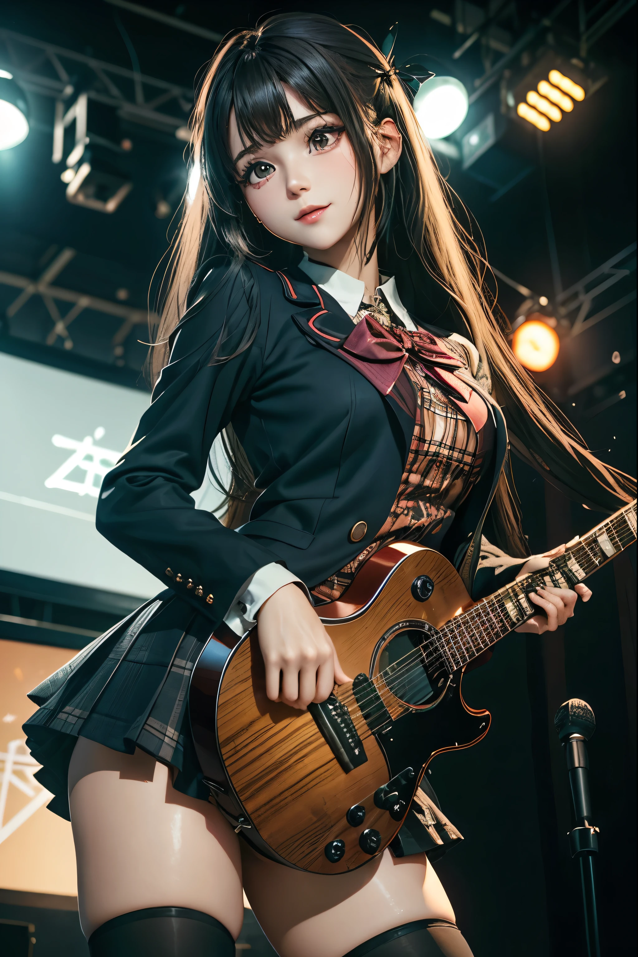 High school girl blazer、uniform、Red checked knee-length skirt、Long skirt、JK Style、Jacket、smile、Knee-high socks、Thigh-high socks、pantyhose、Extremely beautiful、Super cute、ennui、Rare Beauty、Dark black eyeshadow、sad、Skin radiance、Long Hair Straight Hair、Dark Gothic Makeup、Dark Smile、Fragrant beauty、Stained glass background、masterpiece、Highest quality、See 5 books、Sweat glistening on my chest、Sweat glistening on the face、Small breasts、2、Slightly slim、Mysterious look、Sad look、Mysterious Gothic Church、enchanting castle、Excessive sweating all over the body、Sweat dripping down thighs, shining in the light、Shiny thighs、Thighs、Sweat on thighs, shining brightly、sweat profusely、gal、Small breasts、Japanese face、Captivating look、Thin Thighs、play the guitar、I have a guitar、Enthusiastic singing、play the guitar in a band、Playing guitar chords、Background of the live music venue、Sing a song、Open your mouth、Scenery of a live music venue、Mike stand、Glamorous live stage、Dynamic Angles、Vivid straight long hair、delicate straight hair、