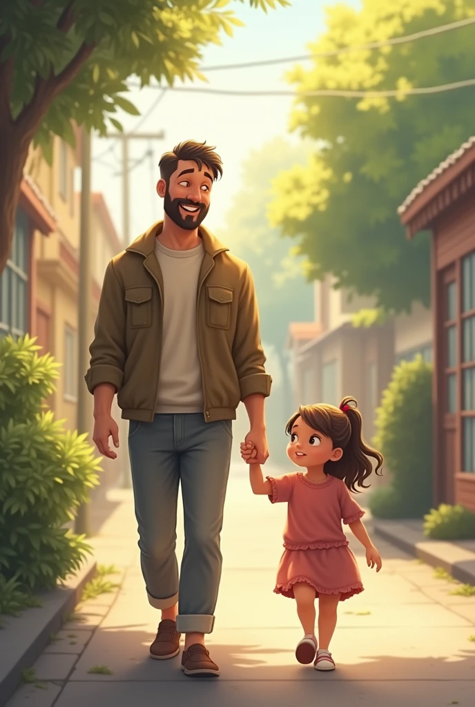 Dad smile and walk too but daughter follow her dad because her want to ask