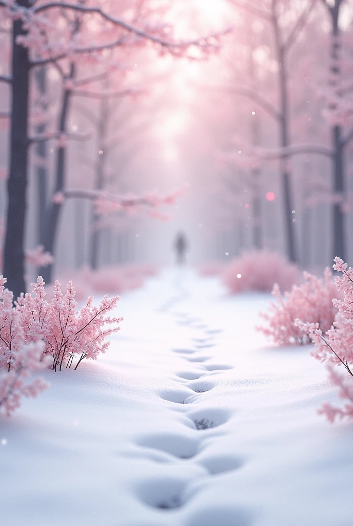 Pale pink snow is falling、Whose footprints are these??