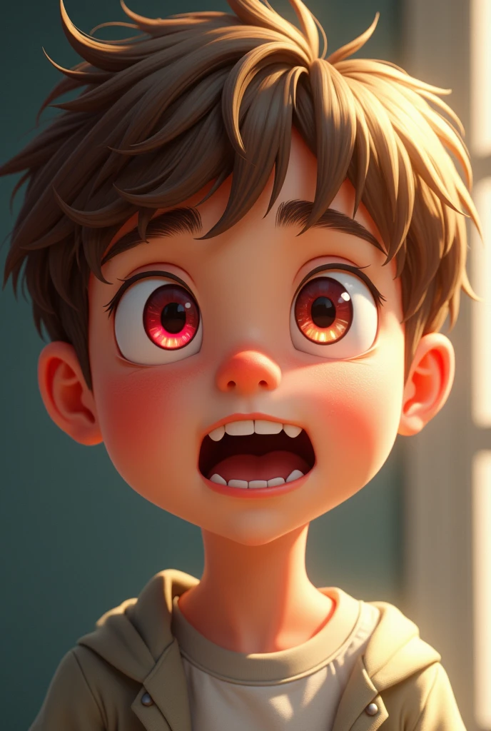 Light brown hair, slightly chubby face, one eye is red and the other is light brown, Eric Cartman is a man , es joven de 13 años, su rostro esta emocionado