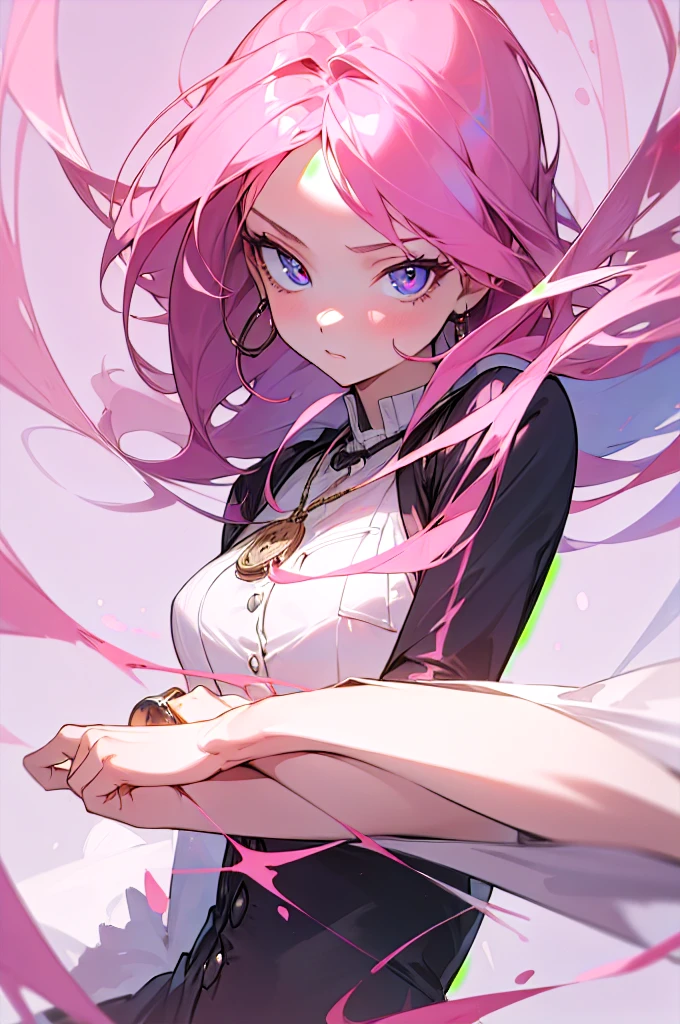 (masterpiece), (best quality: 1.0), (ultra high resolution: 1.0), (1 girl), (best quality, 4k, 8K, masterpiece: 1.2), 2.5d, pink hair, her pose is relaxed but with a dominant attitude,  hypnotic background, hypnotic eyes, pocket watch moving, gaze at the viewer