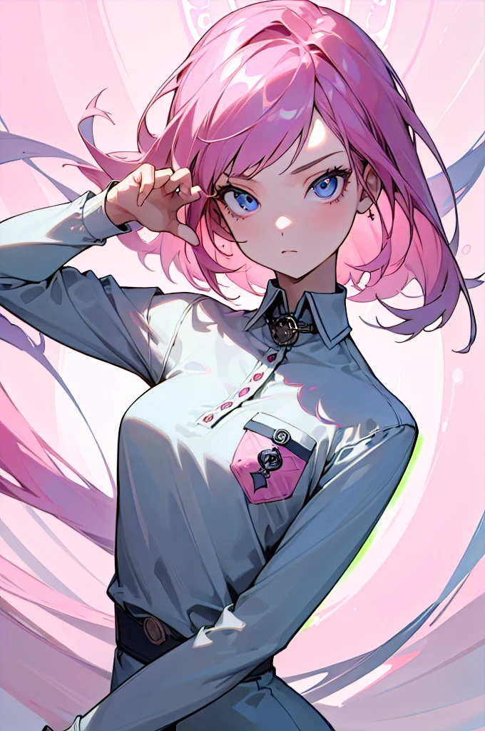 (masterpiece), (best quality: 1.0), (ultra high resolution: 1.0), (1 girl), (best quality, 4k, 8K, masterpiece: 1.2), 2.5d, pink hair, her pose is relaxed but with a dominant attitude, hypnotic background, hypnotic eyes, pocket watch moving, gaze at the viewer