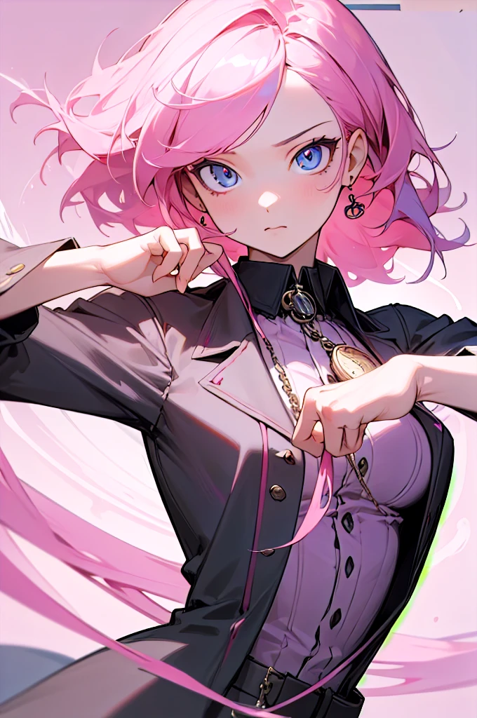 (masterpiece), (best quality: 1.0), (ultra high resolution: 1.0), (1 girl), (best quality, 4k, 8K, masterpiece: 1.2), 2.5d, pink hair, her pose is relaxed but with a dominant attitude, hypnotic background, hypnotic eyes, pocket watch moving, gaze at the viewer