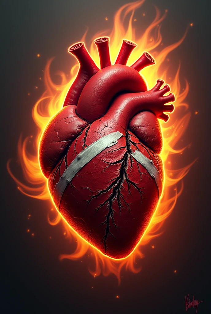 broken heart with bandages and flames around
