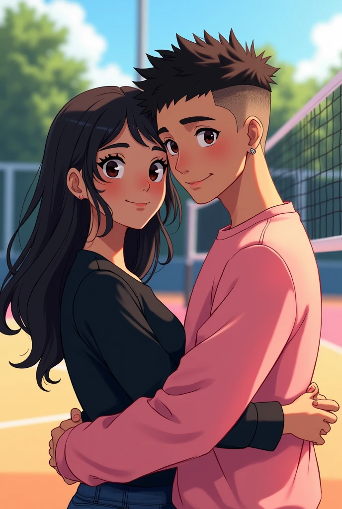 Light brown teenage girl ,big black eyes with eyeliner with loose wavy hair down to the back in black smiling, wearing a black blouse. hugging a strong dark-haired teenage boy with short curly hair and shaved sides, very small eyes, earring in the ear, wearing a pink sweatshirt, and in the background a volleyball court