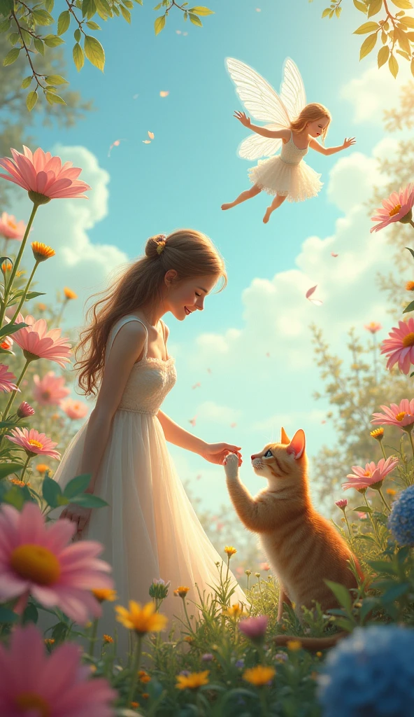 A scene of a beautiful girl touching a cat'foot、Beautiful flower garden、Dancing Cat Fairy、morning、Sky Blue, laugh, princess and cat fairy