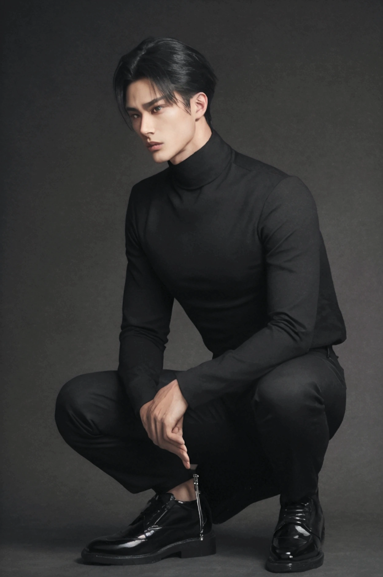 Handsome sexy guy wearing black high neck and and sharp jawline having cheeckbones having anime personality wearing black shoes and black pant