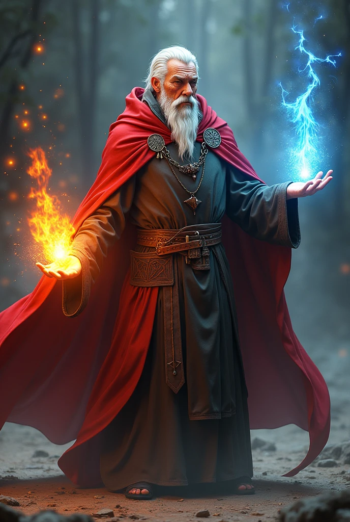 Final fantasy 1 Red caped mage, White hair, In his left hand he has fire magic and in his right hand ice magic. He looks at the screen with a serious face..