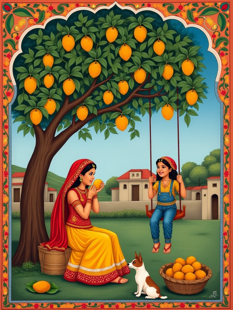"Create a Phad painting in traditional Rajasthani style featuring a  sitting under a mango tree. She is wearing traditional attire with vibrant colors like red, yellow, and green, adorned with intricate patterns. The girl is eating a mango, and around her, there are many mangoes placed in a basket. Nearby, her 10-year-old younger brother is swinging on a swing tied to the mango tree, enjoying the moment. A small dog is sitting near the girl's feet, looking up at her with affection. The painting should capture the natural setting with symbolic elements such as the tree and village surroundings. Use the signature Phad art style with detailed borders and a folk-art aesthetic, incorporating natural tones and a storytelling vibe."