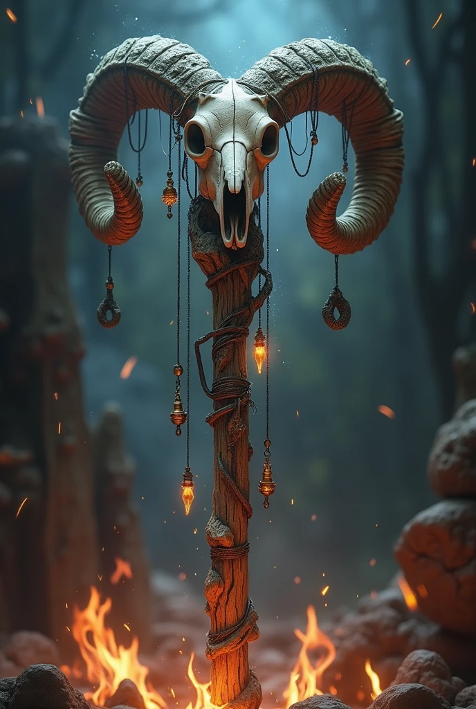 (photorealism:1.2), Witches staff made of wood, with a rams skull at the top, adorned with webs, lanterns, and other trinkets

