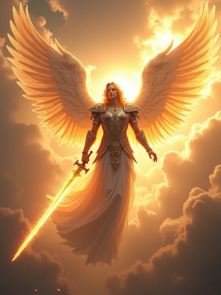 the angel Metatron in angelic armor with a flaming sword flying totally real image