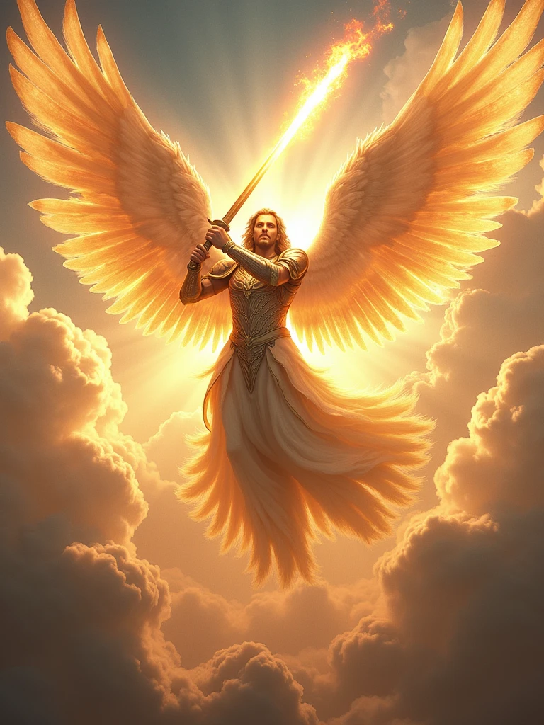 the angel Metatron in angelic armor with a flaming sword flying totally real image