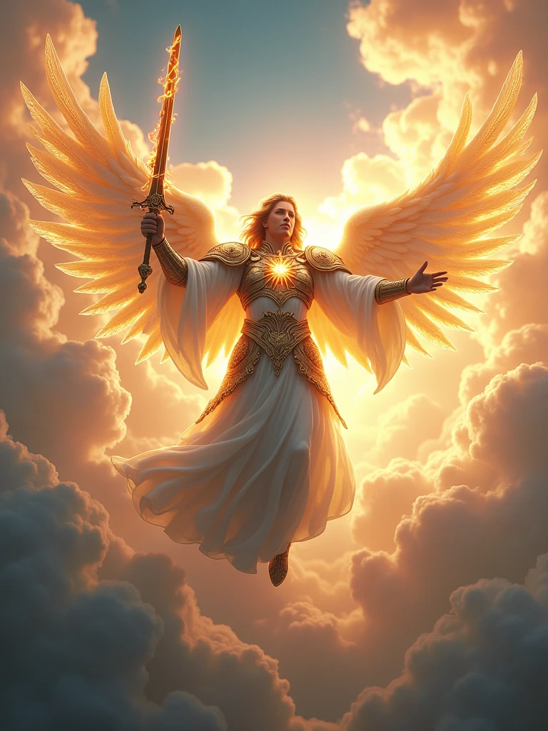 the angel Metatron in angelic armor with a flaming sword flying totally real image