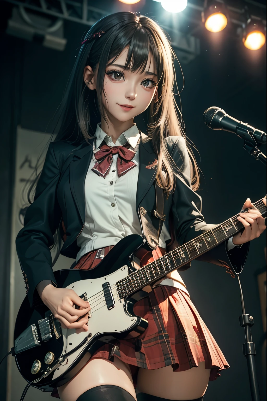High school girl blazer、uniform、Red checked knee-length skirt、Long skirt、JK Style、Jacket、smile、Knee-high socks、Thigh-high socks、pantyhose、Extremely beautiful、Super cute、ennui、Rare Beauty、Dark black eyeshadow、sad、Skin radiance、Long Hair Straight Hair、Dark Gothic Makeup、Dark Smile、Fragrant beauty、Stained glass background、masterpiece、Highest quality、See 5 books、Sweat glistening on my chest、Sweat glistening on the face、Small breasts、2、Slightly slim、Mysterious look、Sad look、Mysterious Gothic Church、enchanting castle、Excessive sweating all over the body、Thighsに大量の汗と光、光沢のあるThighs、Thighs、Thighsに大量の汗が光る、sweat profusely、Gal、Small breasts、Japanese face、Captivating look、細いThighs、play the guitar、I have a guitar、Enthusiastic singing、バンドでplay the guitar、Playing guitar chords、Background of the live music venue、Sing a song、Open your mouth、Scenery of a live music venue、Mike stand、Glamorous live stage、Dynamic Angles、Vivid straight long hair、delicate straight hair、