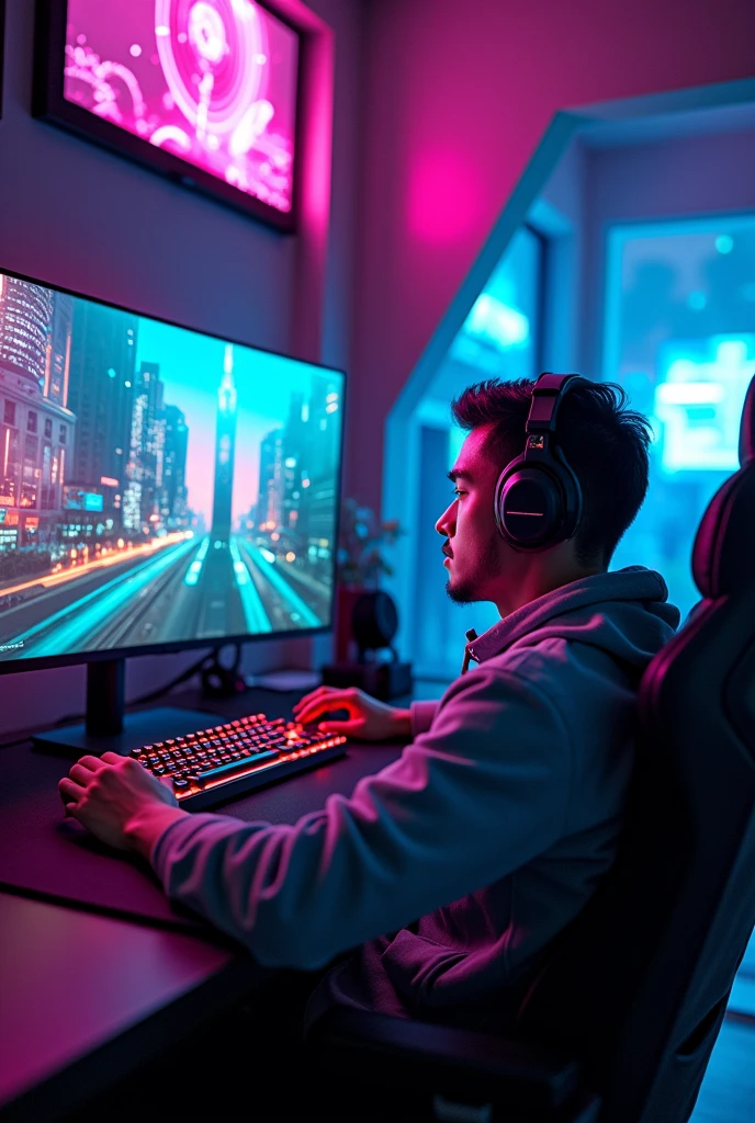 A high budget gaming room with neon lights