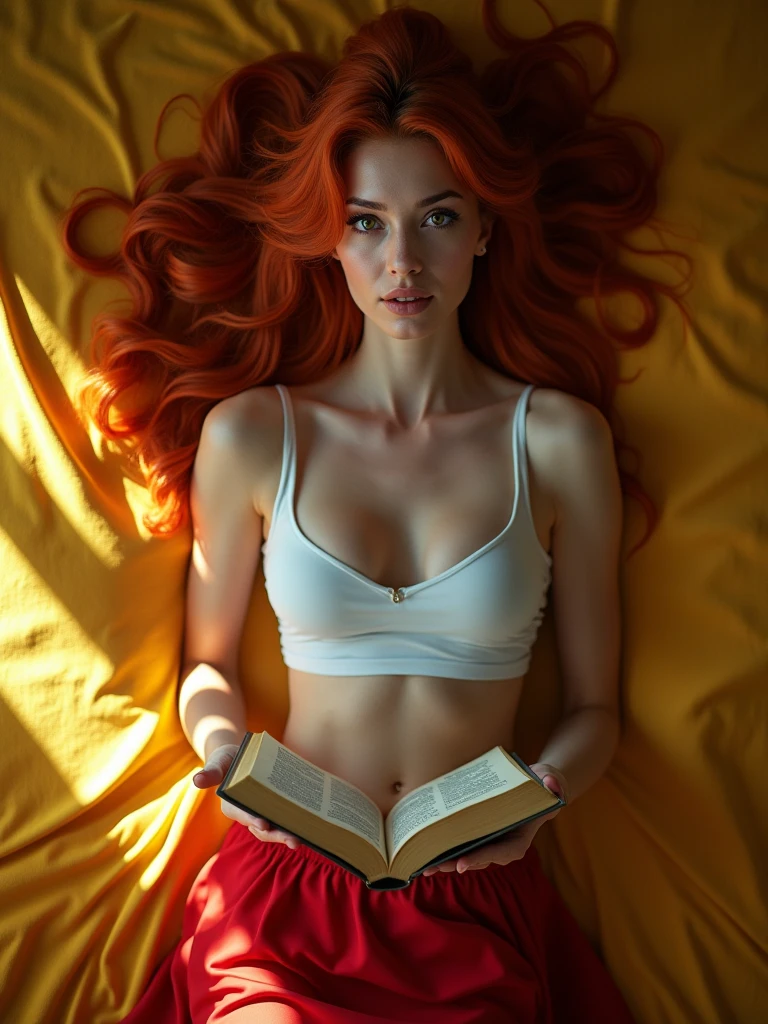 a woman of exotic beauty wearing a white crop top and red miniskirt, lying on a bed of yellow sheets, reading an old book, her eyes focused on the book. and a serious expression, redhead with very long hair, side lighting, view from above,