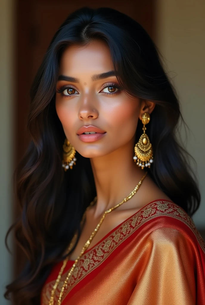Create a highly detailed, photorealistic portrait of an Indian model. The model should have warm, medium skin tone, expressive almond-shaped brown eyes, and long, dark, wavy hair. She is wearing traditional Indian attire like a richly embroidered saree with gold jewelry, including earrings and a necklace. The background is softly blurred to emphasize her facial features, and the lighting is natural, highlighting her elegant beauty and cultural heritage."