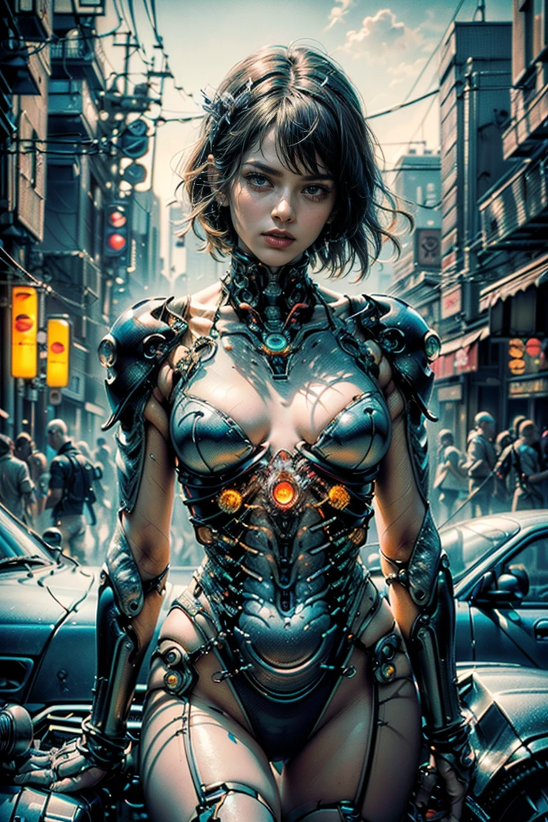 Top Quality, Masterpiece, Ultra High Resolution, ((Photorealistic: 1.4), Raw Photo, 1 cyberpunk Girl, Glossy Skin, 1 Mechanical Girl, (Ultra Realistic Detailechanical limbs, tubes connected to the mechanical parts, mechanical vertebrae attached to the spine, mechanical cervical attachment to the neck, wires and cables connecting to the head, Evangelion, Ghost in the Shell, small glowing LED lamps, global lighting, deep shadows, Octane Rendering, 8K, bloom effect, Ultra Sharp, Metal, Intricate Ornament Details, baroque details, Very intricate details, realistic light, CGSoation trend, facing the camera, neon details, (android manufactory in background), art by H.R. Giger and Alphonse Mucha.