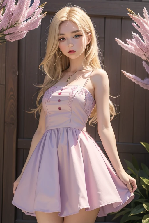 Blonde girl long hair, with lilac eyes, pink dress