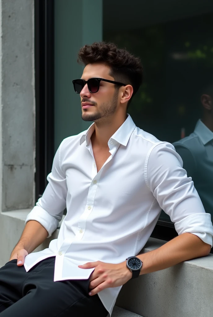 A young man with dark short curly hair he is wearing a white shirt and a black pant with a watch and sunglass.first two button of his shirt is opened and he is wearing a sunglasses also. He is laying against a gray wall with a black glass.. His face is full with confidence.