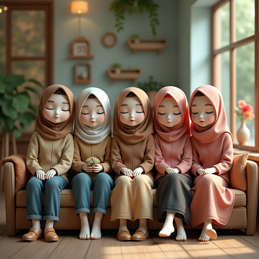 ((3 hijabless male sitting)), ((3 hijabbed females sitting)), caricaturized, cute face, all white skin, casual fashion, fantasy art, happy expression, extreme detail, masterpiece, cinematic lighting, 4k, indoor background