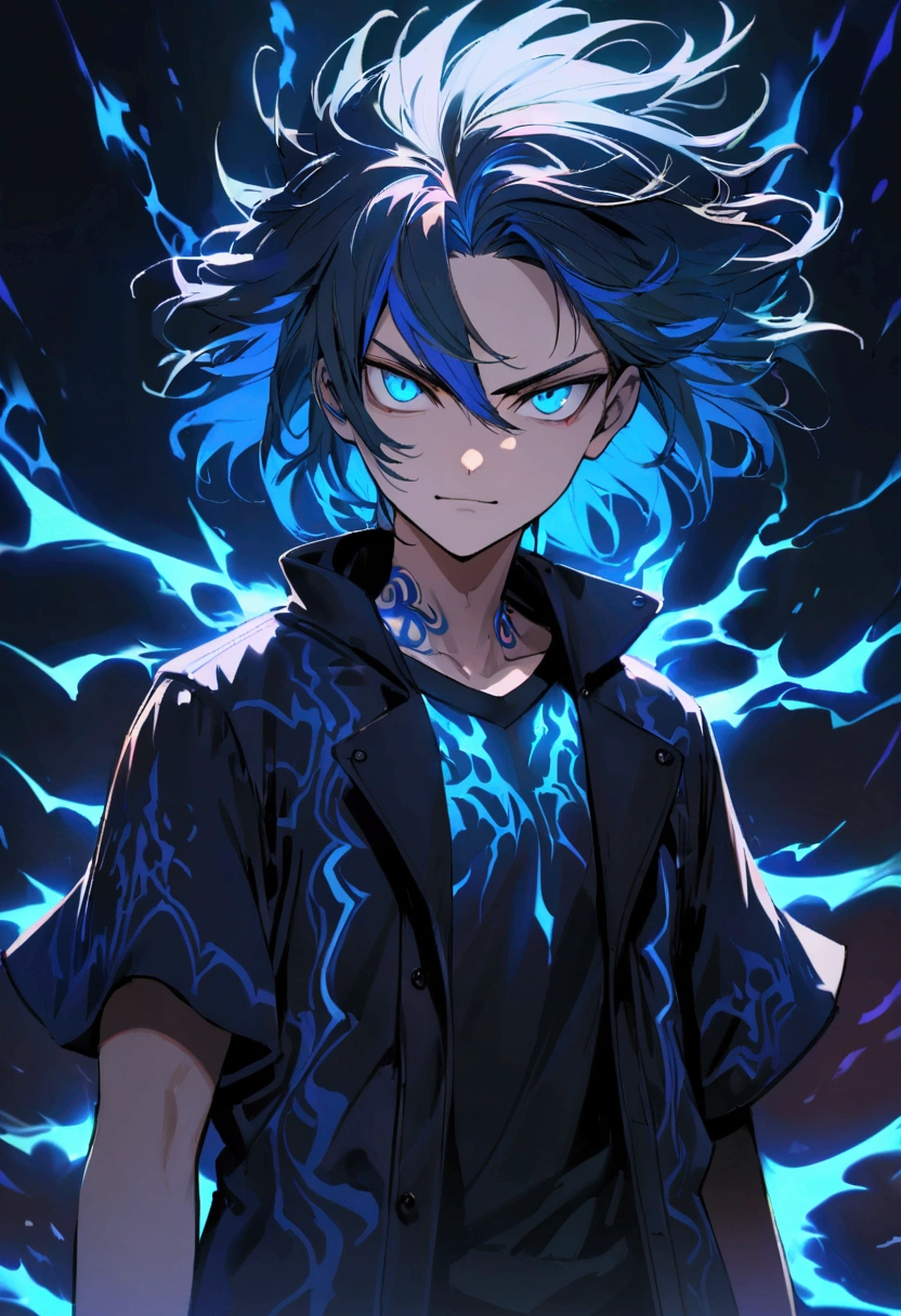 age boy, spiky hair, medium length hair, multicolored black and blue hair, blue colored eyes, serious face, simple smile, black jersey, dark blue loose-fitting short-sleeved overcoat, blue tattoos on the body, electric aura,