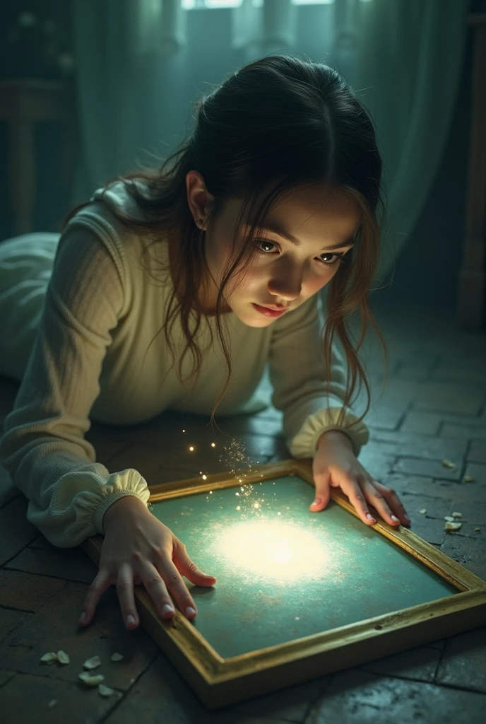 Woman opening a portal through a painting that was lying on the floor