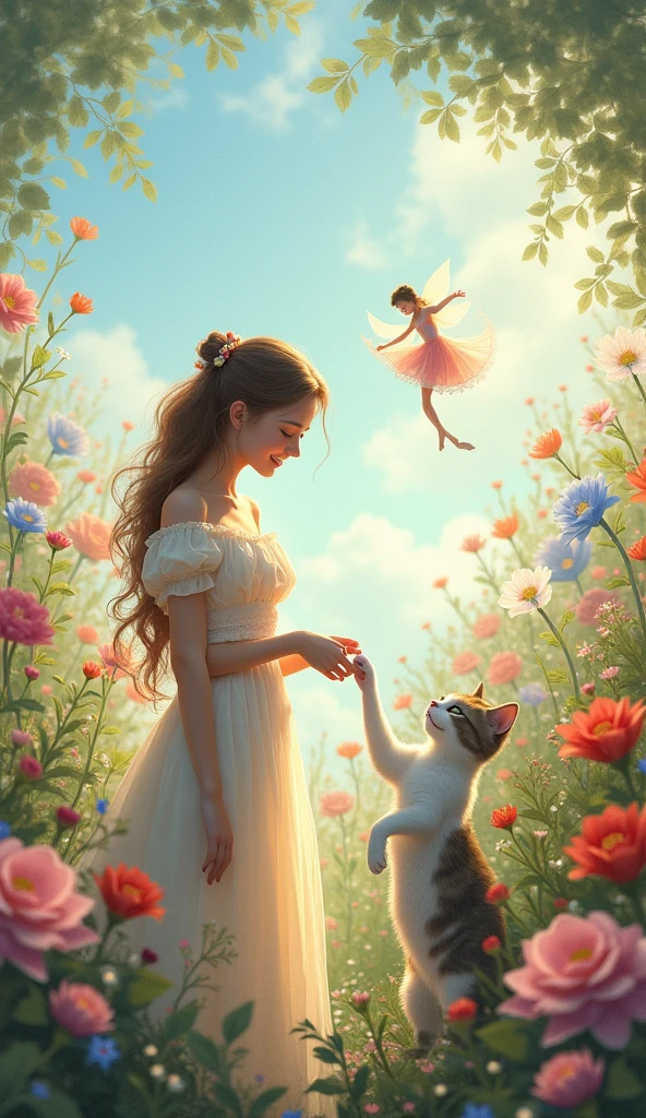 A scene of a beautiful girl touching a cat'foot、Beautiful flower garden、Dancing Cat Fairy、morning、Sky Blue, laugh, princess and cat fairy