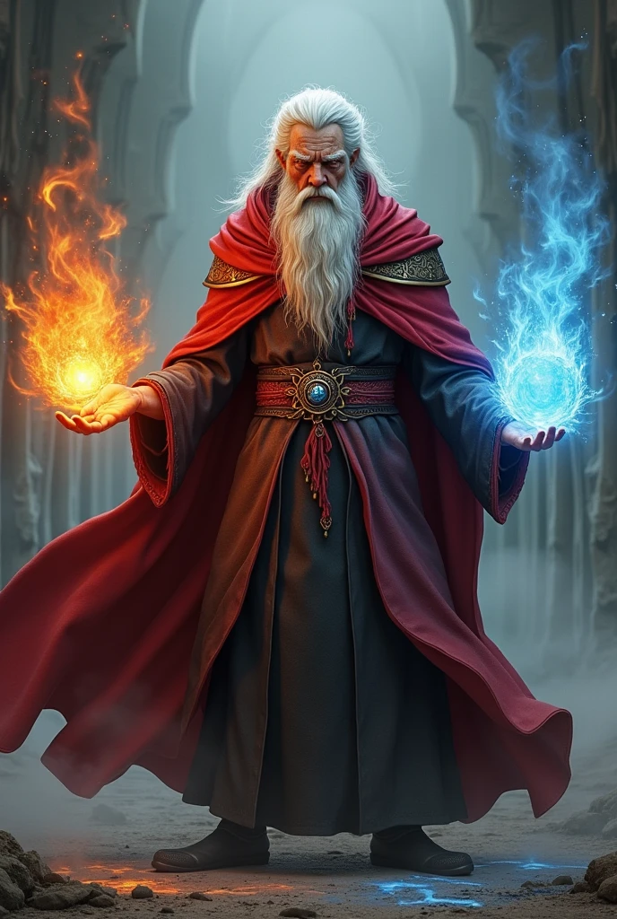 Final fantasy 1 Red caped mage, White hair, In his left hand he has fire magic and in his right hand ice magic. He looks at the screen with a serious face..