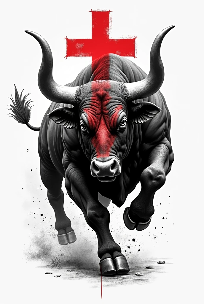 A black and white tattoo of a charging bull with a red cross painted on one red eye
