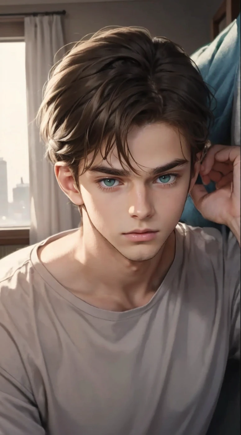 Brown skin, very very light freackles all over the face, olive green eyes, green eyes, forest green eyes, emerald green eyes, brown hair, soft features, soft eyes, messy hair, boy, shoulder length hair, long hair, man bun