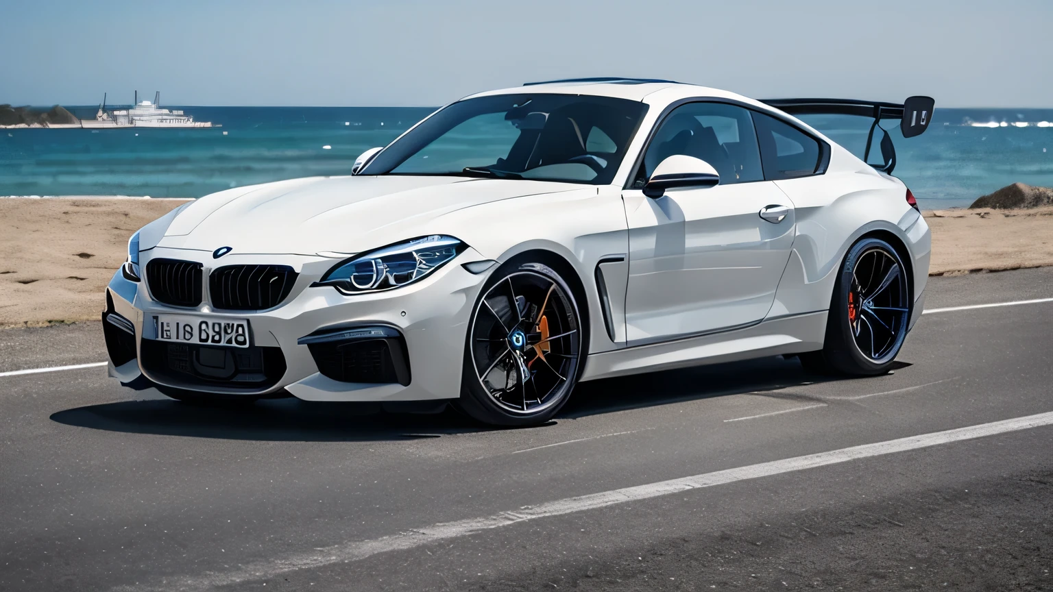 Masterpiece, top quality, high quality, high detailed, Super car, coupe car, (by bmw, by porsche), white color, black wheels color, big black spoiler, with full body kit, low loading, (parking on beach parking lot, beach background, daytime, no one, smooth)