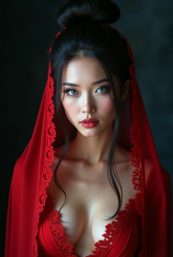 (highest quality,4k,8k,High resolution,masterpiece:1.2),super detailed,(realistic,realistic,realistic:1.37),beautiful detailed blue eyes,long black hair in a high bun,detailed red veil,sharp focus,Professional,Bright colors,dark background,studio lighting、cleavage