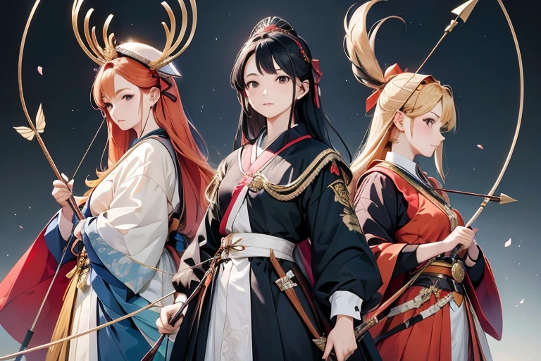 (Perfect Face,Illustration of three female arapheasants in different clothes)、(Girls waiting in line)、beautiful girl,   (Holding a bow in his left hand:1.2), longbows, (Holding an arrow:1.2), (kaburaya:1.2), kyudou-hikiwake, Outstretched arms, Black Igote, Deerskinning, mussels, Bust Up Illustration、White Background、(Front view:1.4)、(masterpiece, Highest quality:1.2), 