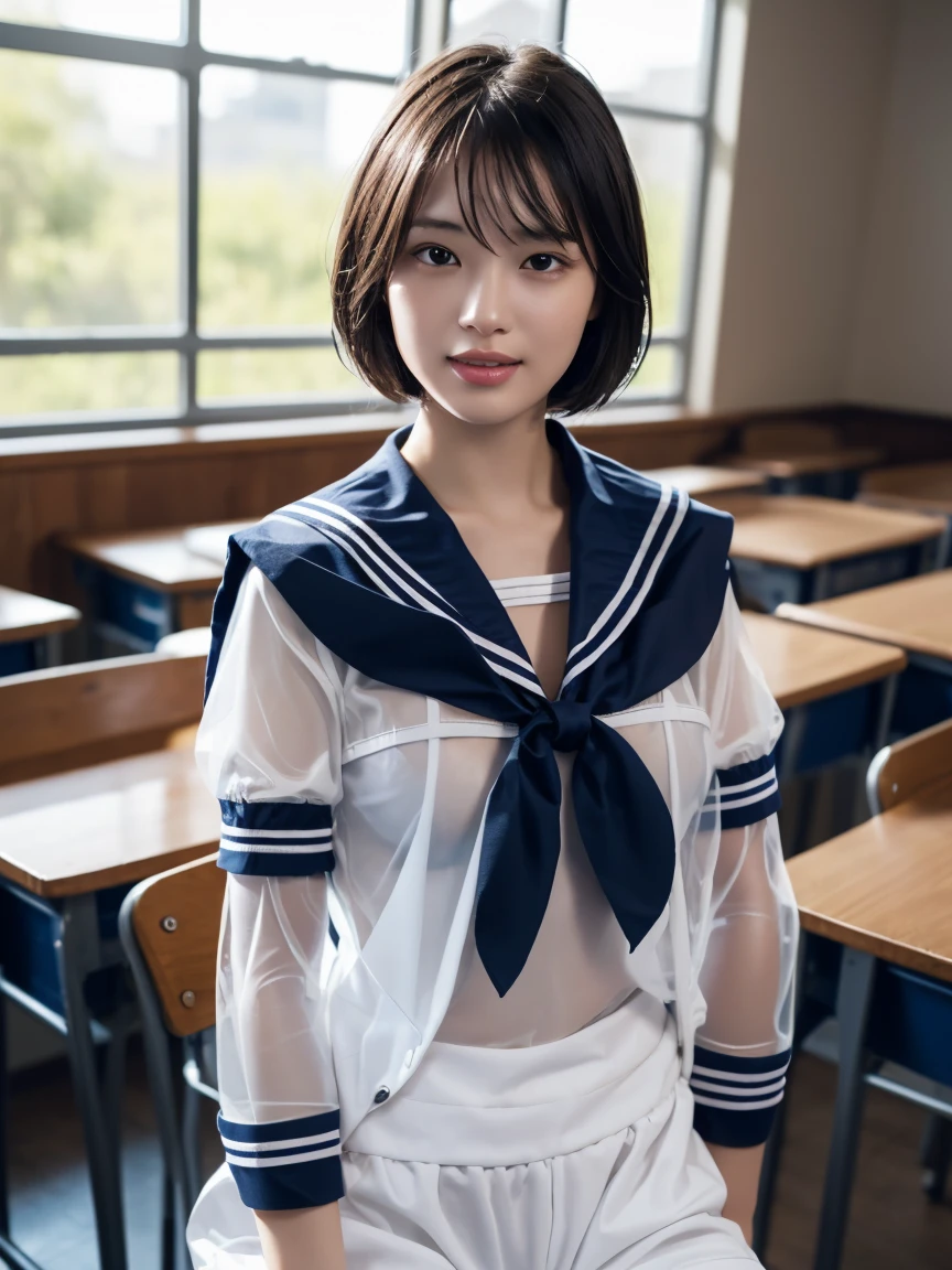masterpiece:1.2, Very detailed, Ultra-high resolution, Realistic, photo Realistic:1.6, High-resolution RAW color photos, Professional photos, Sharp focus:1.2, Very detailed顔と肌の質感, Very beautiful eyes, Glossのある肌, Glowing Skin, Glowing Skin, Shining Face, Gloss, Oily skin, greasy face, Oily skin, greasy face,, real Glossのある肌 texture, Perfect Anatomy, Very detailed背景,(High school classroom at night),1 female,25-year-old woman, Japanese women,short hair, Straight hair, bangs, Brown Hair,((Flat Chest:1.6)), ,((A very see-through white short-sleeved sailor suit:1.9)),((Wet and sheer sailor suit:1.5)),((Colored bras in sailor suits:1.5)),Smiling faintly,((Viewer discretion advised 1.8))