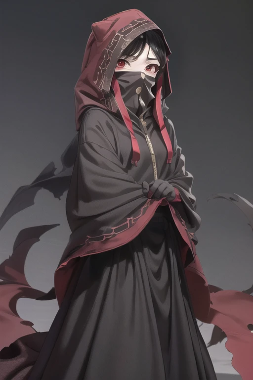 NNAssassinFSF, 1girl, solo, black hair, long cape sleeves, sleeves covered hands, long skirt, cape, black cloak, hood up, covered mouth, white gloves, mask, hooded cloak, ((masterpiece, best quality)),standing room, red eyes, happy look,