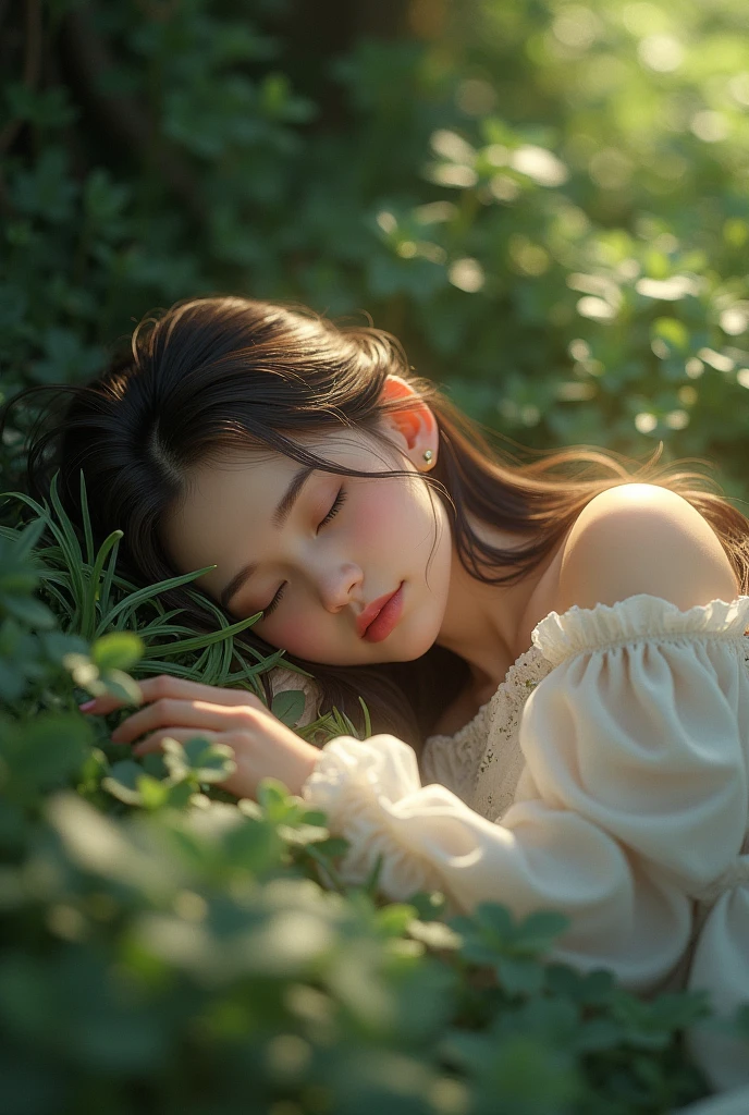 Beautiful girl sleeping on the flor outside,realistic, full body ,