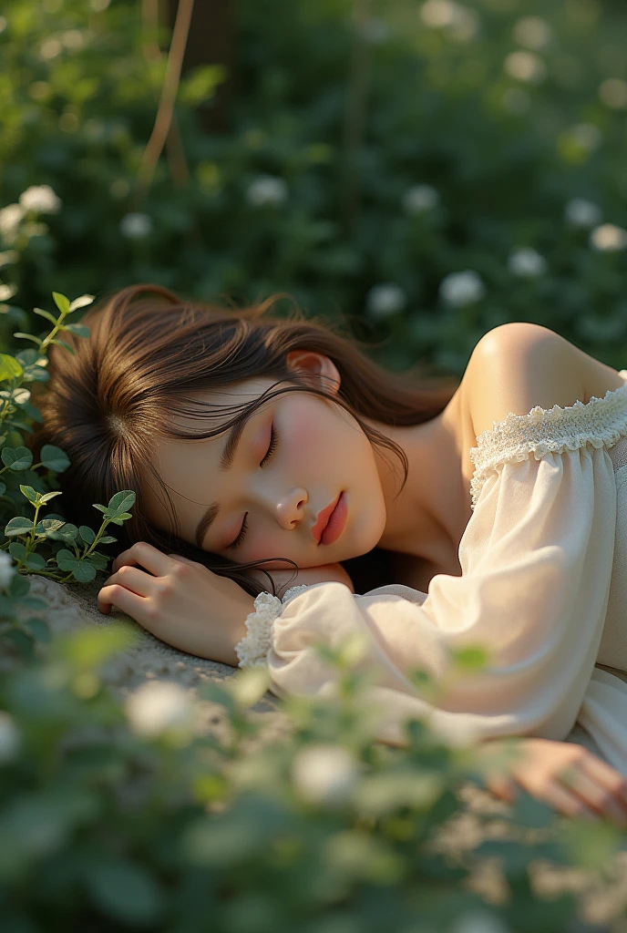 Beautiful girl sleeping on the flor outside,realistic, full body ,