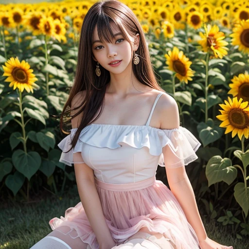 laughing out loud,Several layers of gauze skirt,Big hem,Tutu,(knee shot) ,In a field of sunflower flowers,Wearing a gauze skirt dress,fluffy skirt, five-layer mesh skirt, elegant,Fresh and unearthly,off shoulder dress,Pink dress,Elegant,1 female, On the face, light brown hair, blunt bangs, hair behind ears, Shoulder-length hair, long hair, Slender body type, 超face slimming型, face slimming, delicate lips, beautiful eyes, Thin blush, Eyes are light brown,View here, (actual:1.3), One person's perspective, 8k, Super detailed, high quality, best quality, High resolution, ,Large Breasts,wear a H cup, 3,above knee shot