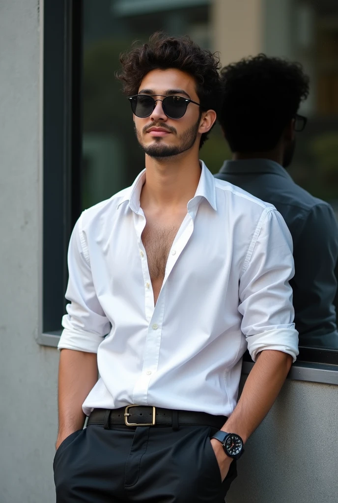 A young man with dark  short curly hair he is wearing a white shirt and a black pant with a watch and sunglass.first two button of his shirt is opened and he is wearing a sunglasses also. He is laying against a gray wall with a black glass.. His face is full with confidence.