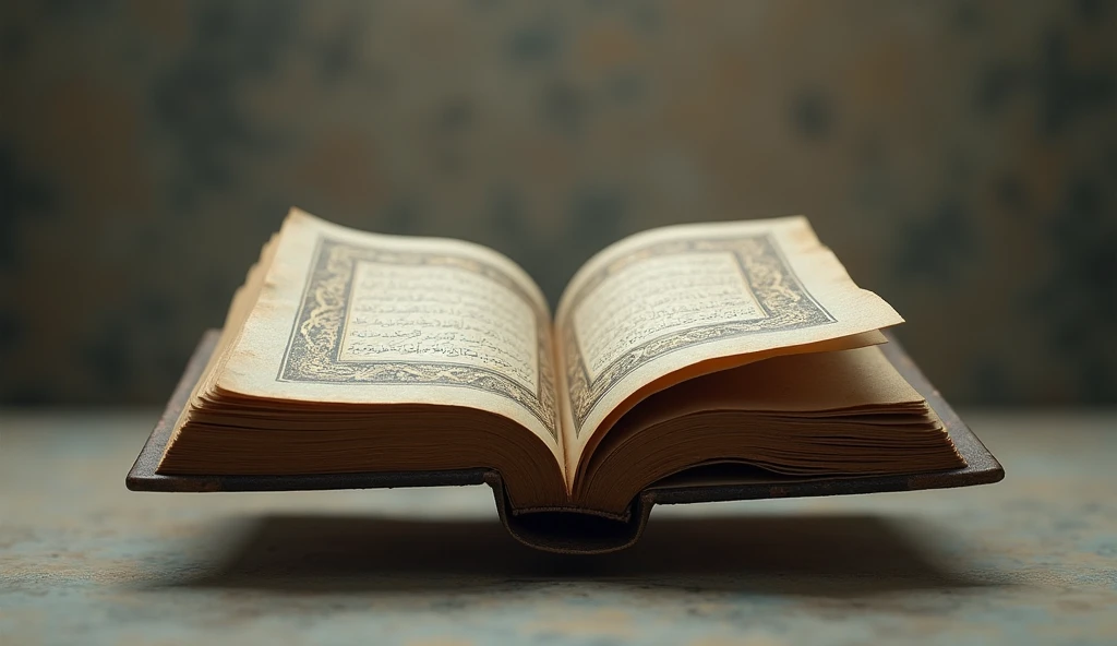 (photorealism:1.2), Ancient book, open state, EMPTY, ATTRACTIVE, aesthetic, ISLAMIC NUANCE,facing the camera